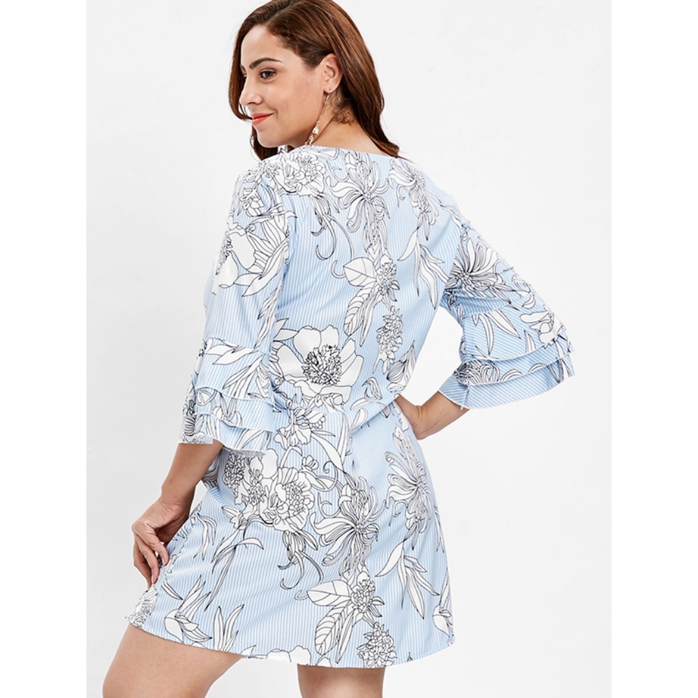 Plus Size Ruffle Sleeve Floral Print Shift Dress - Picture 4 of 7